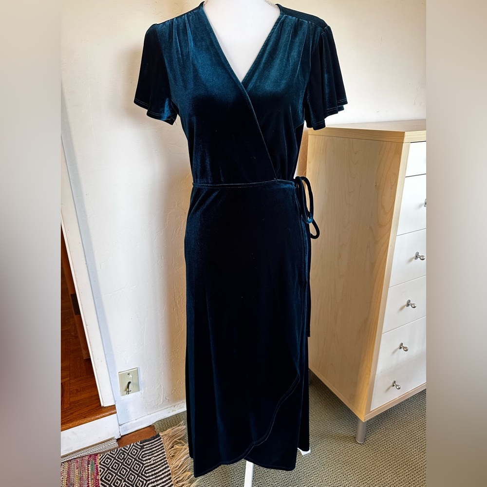 Blue Green Velvet Wrap Dress BHLDN Anthropologie